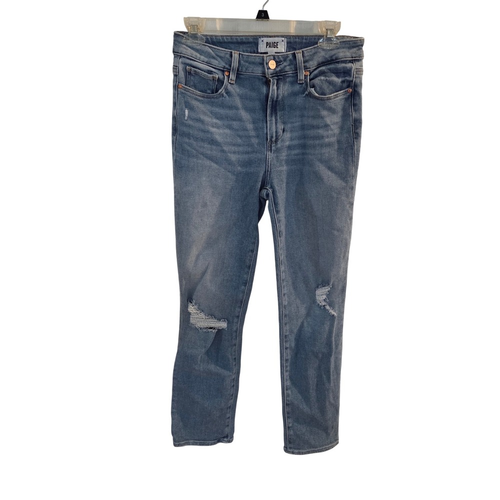Paige 28 Cindy High Rise Straight Leg‎ Distressed Jeans Blue Denim Minimalist